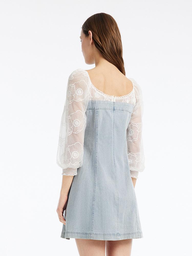 Blue Square Neck Puff Sleeve Mesh Knee-Length Sheer Denim Patchwork Dress GOELIA