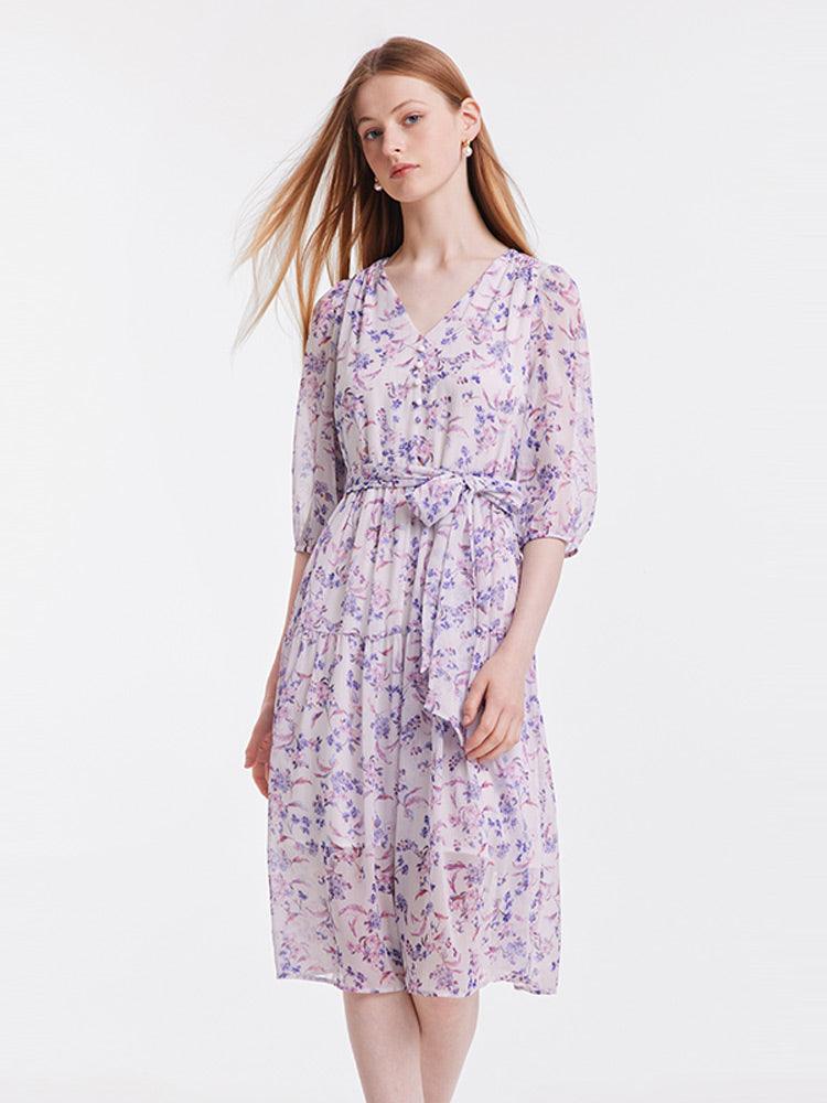 Purple Floral Belted Midi Dress GOELIA