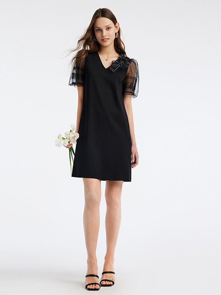 Bow Tie Puffy Sleeve Knitted Dress GOELIA