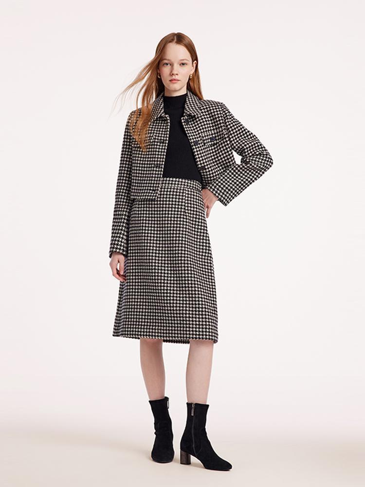 Washable Wool Houndstooth Jacket And Sweater And Skirt Suit GOELIA