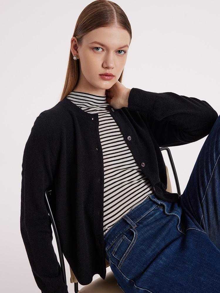 Black Pure Cashmere Round Neck Cardigan
