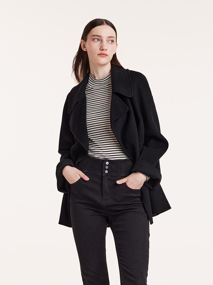 Tencel Wool Lapel Double-Faced Short Coat With Belt GOELIA