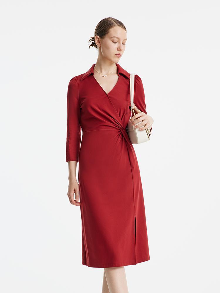 Red V-Neck Ruched Dress GOELIA