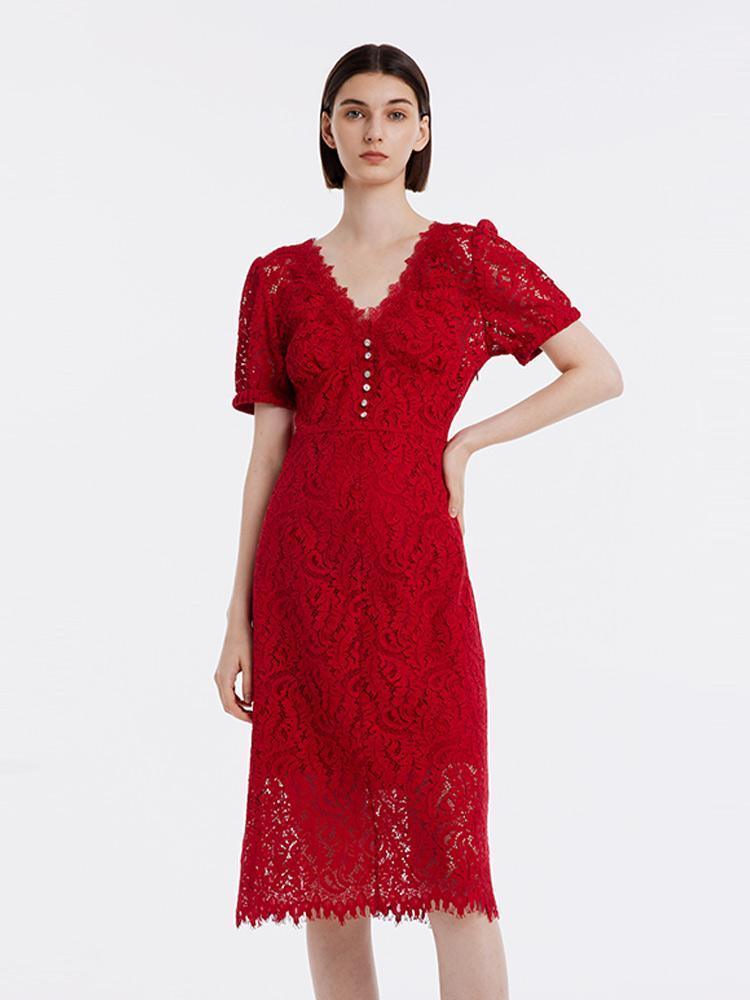 Lace V-Neck Mid Sleeve Dress GOELIA