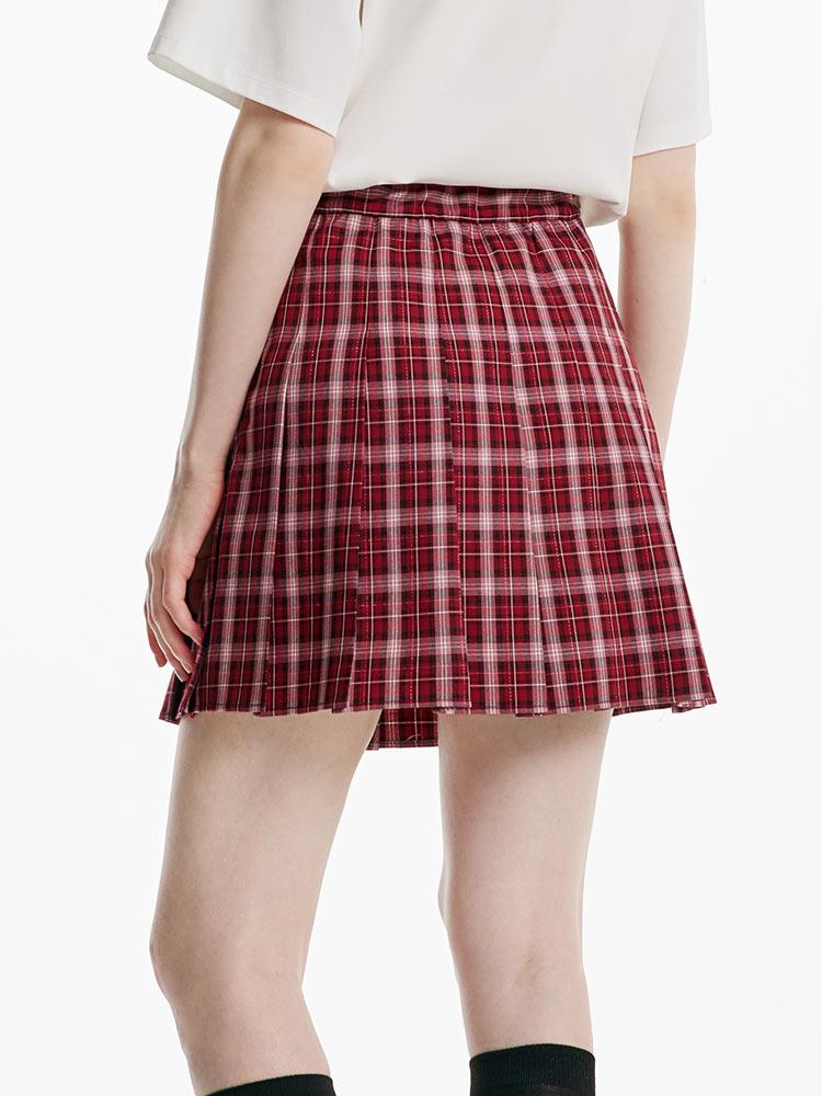 Red Plaid Pleated Skirt GOELIA