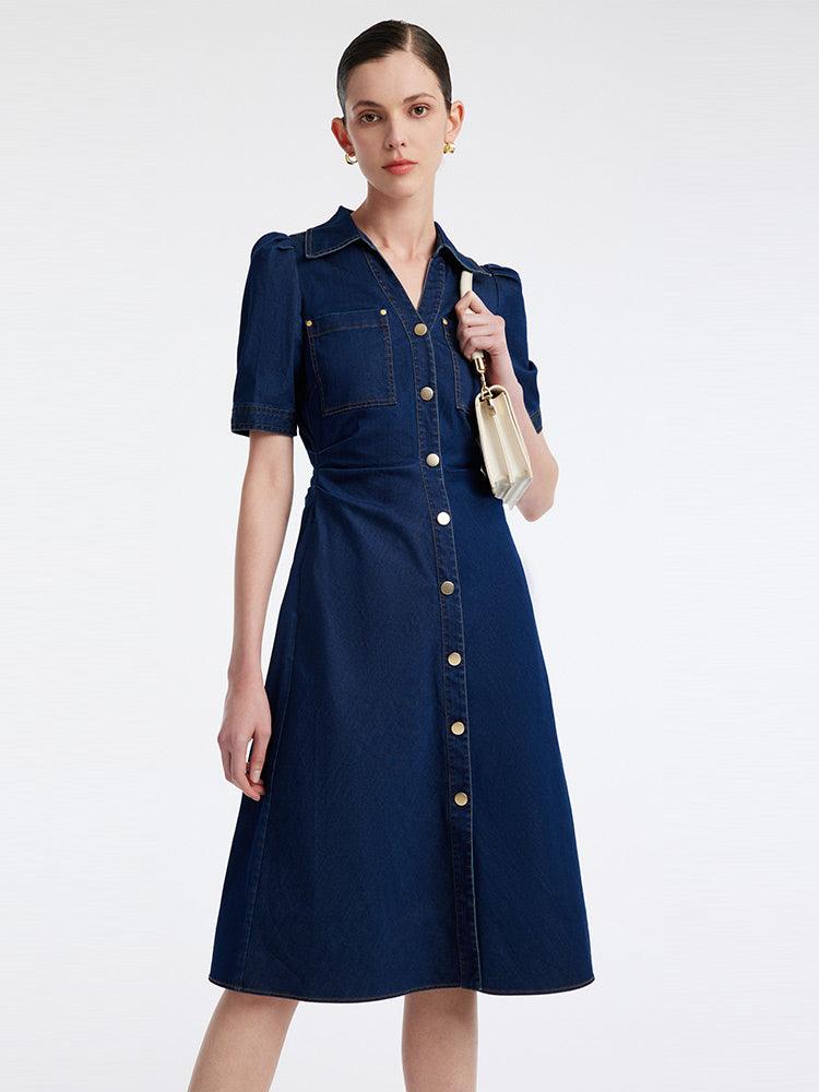 Denim Gathered Waist Pleated V-Neck Midi Dress GOELIA