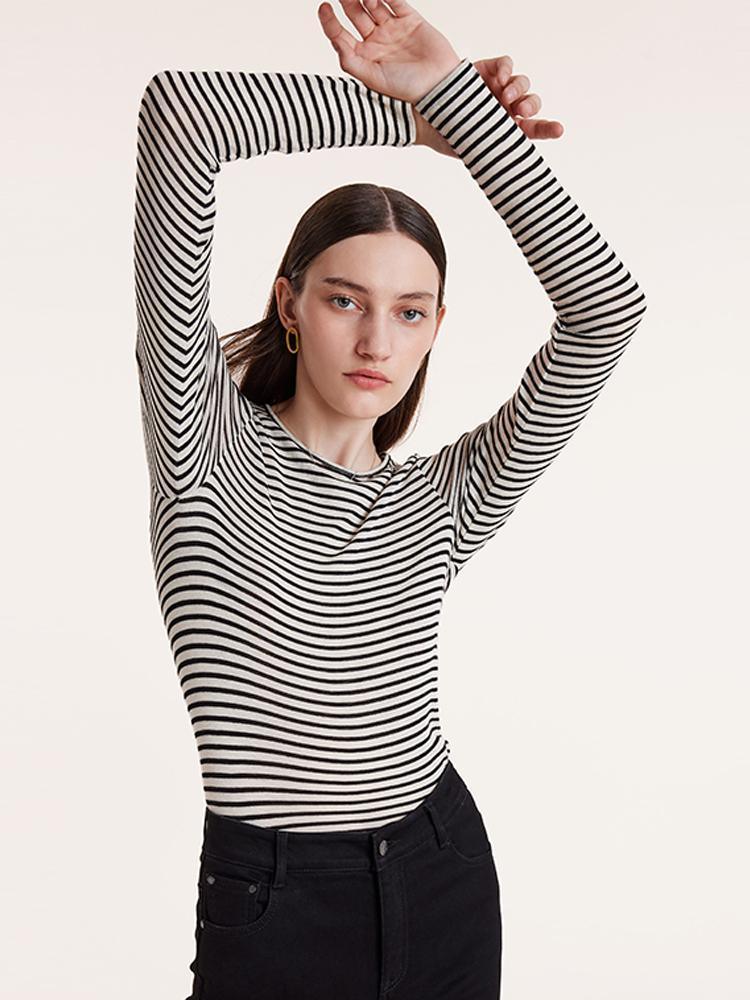 Washable Wool Striped Round Neck Sheath Sweater GOELIA