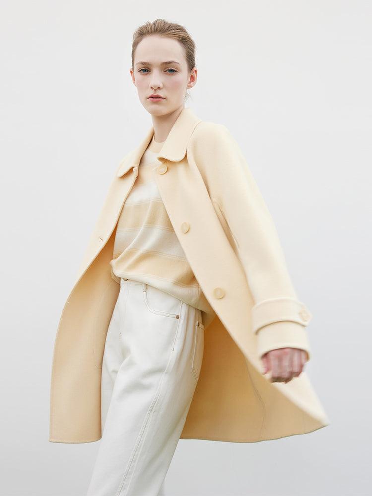 Cream Yellow Mid-length Woolen Coat GOELIA