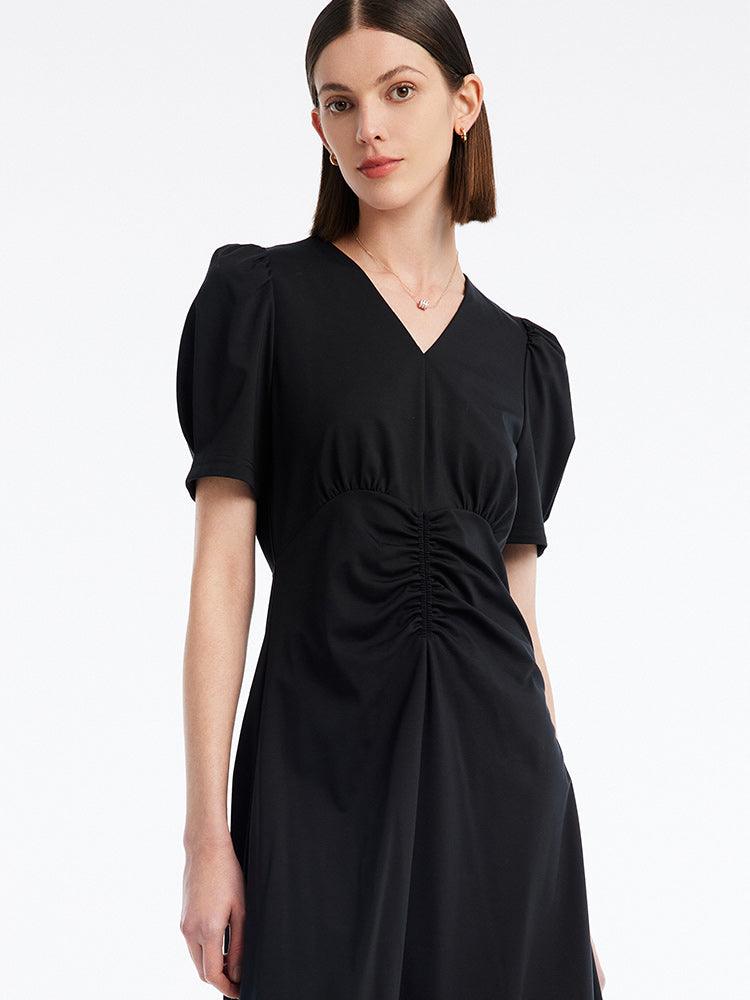 V-neck Pleated Mid-Calf Dress GOELIA