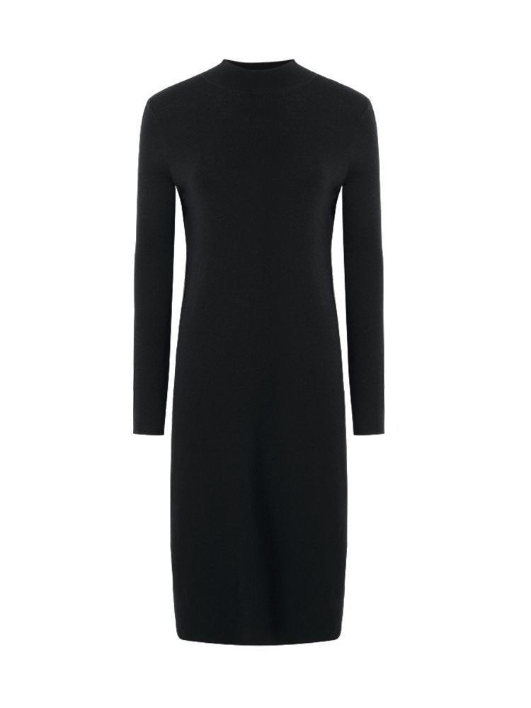 Black Pure Wool Mock Neck Knit Dress GOELIA