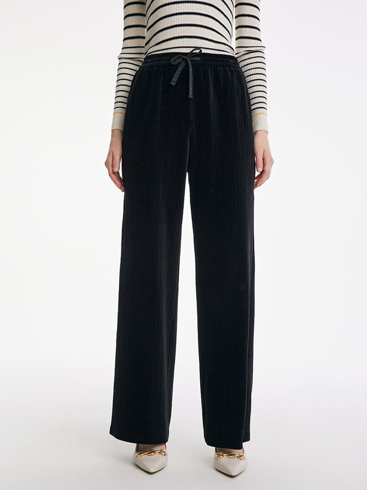 Waist Drawstring Knitted Velvet Straight Pants GOELIA