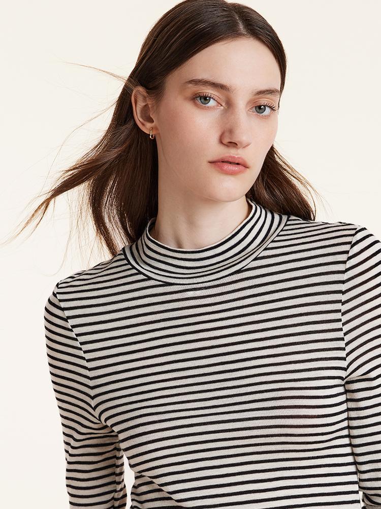 Washable Wool Striped Mock Neck Slim Sweater GOELIA