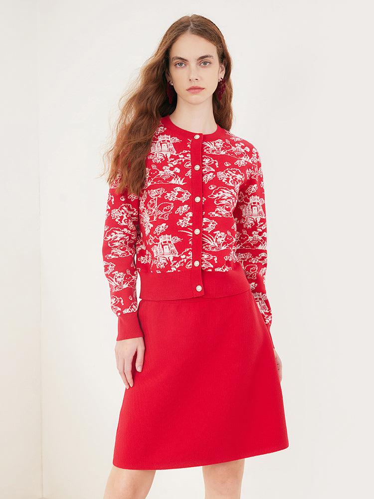 Red Floral Jacquard Suit Cardigan&Skirt GOELIA