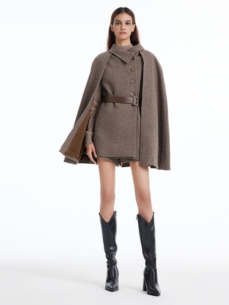 Coffee Brown Washable Wool Two-piece Cloak GOELIA