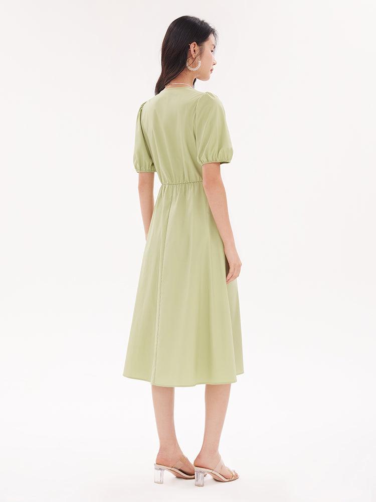 V-Neck Cotton Gathered Waist Dress GOELIA