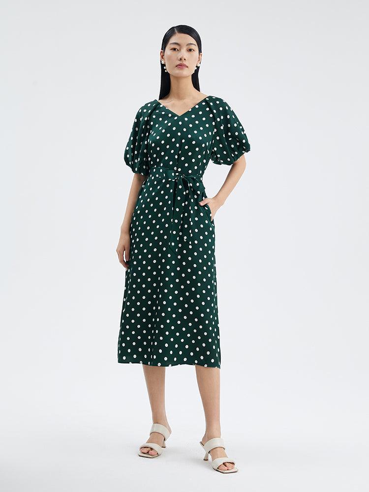 19 MM Pure Silk Polka Dots Mid-Calf Dress GOELIA