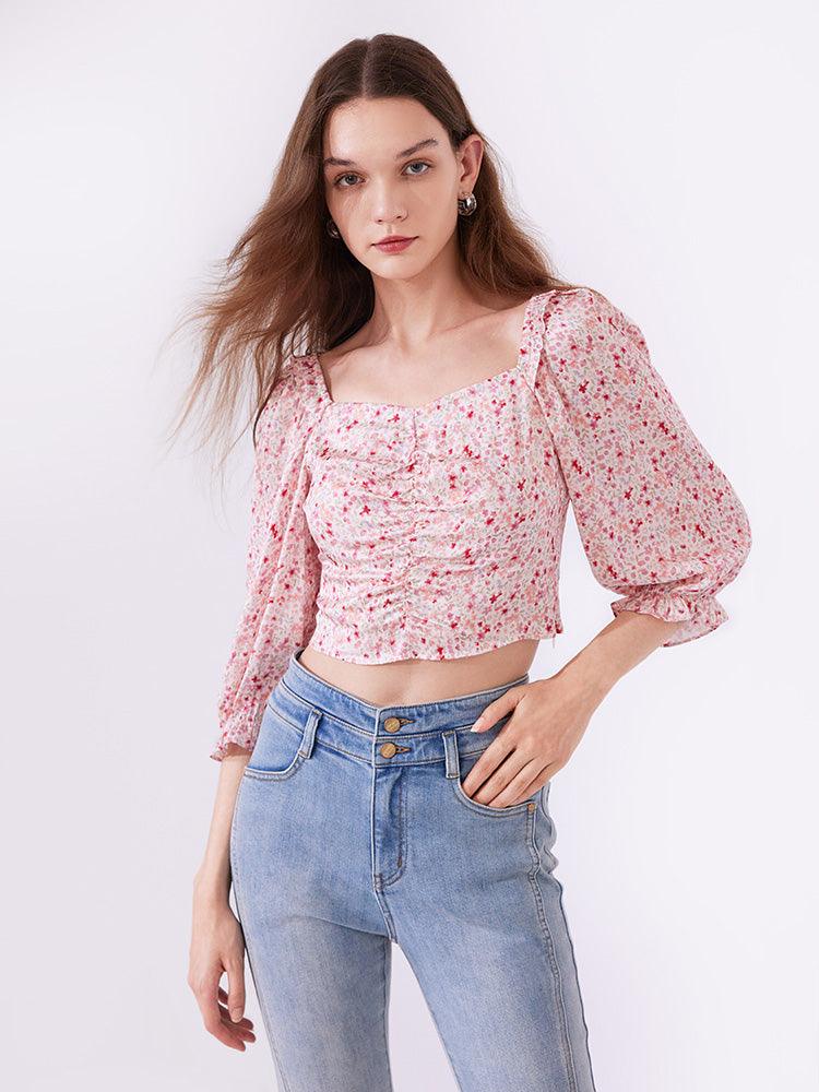 Pink Floral Puff Sleeve Top GOELIA