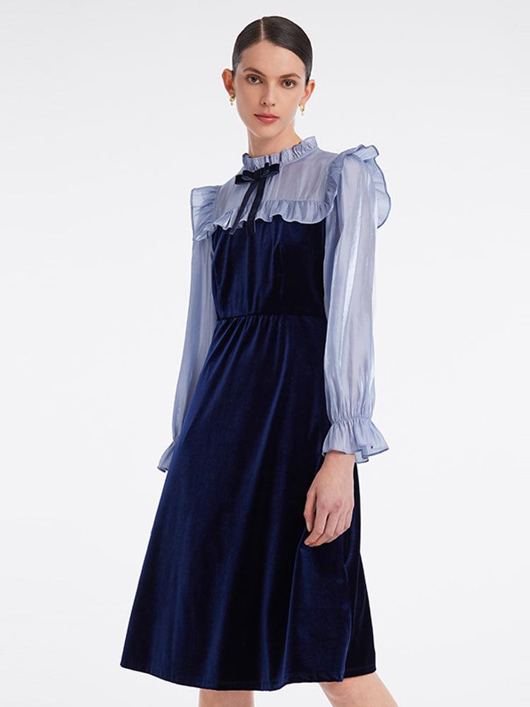 Ruffle Collar Velvet Patchwork Dress GOELIA