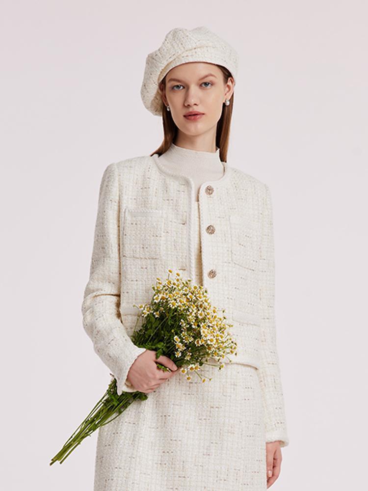 White Knitted Tweed Crop Jacket GOELIA