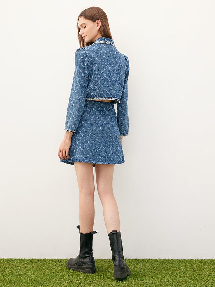 Blue Tweed Jacquard Denim Suit Jacket&Skirt GOELIA