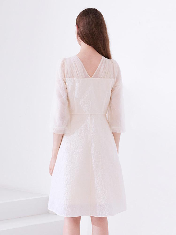 White Mesh Half-Sleeve V-neck Jacquard Dress GOELIA