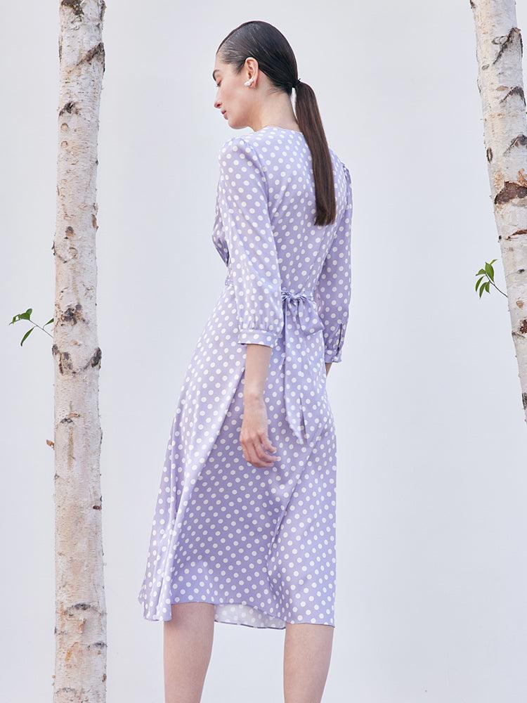 Purple Polka Dots Mulberry Silk Dress GOELIA