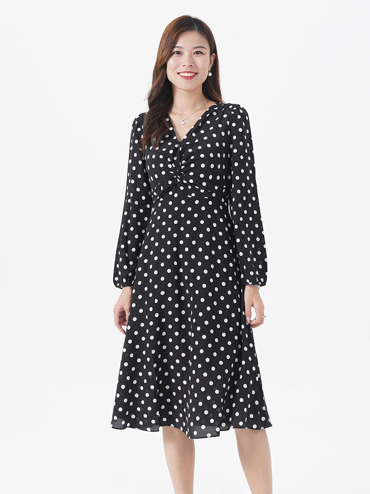 V-Neck Silk Polka Dot Dress GOELIA