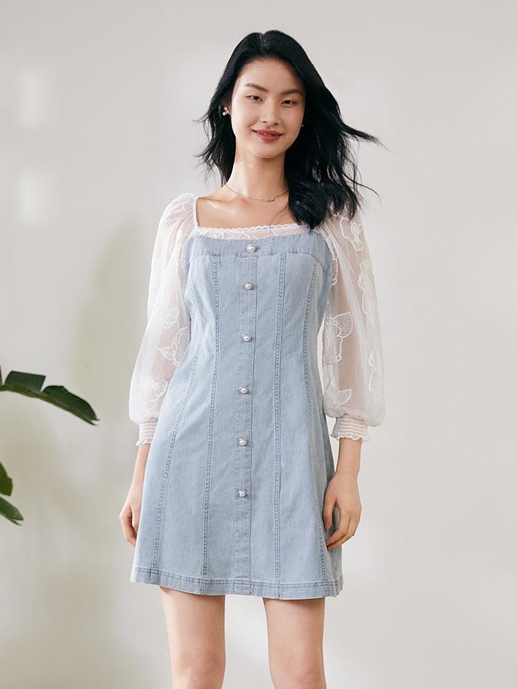 Blue Square Neck Puff Sleeve Mesh Knee-Length Sheer Denim Patchwork Dress GOELIA