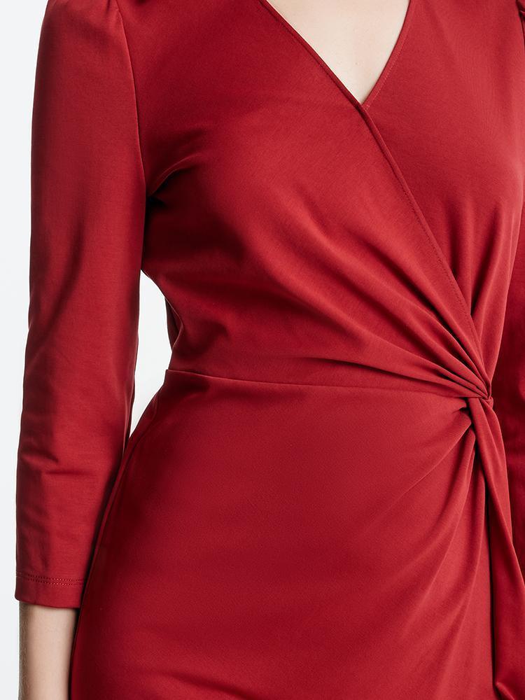 Red V-Neck Ruched Dress GOELIA