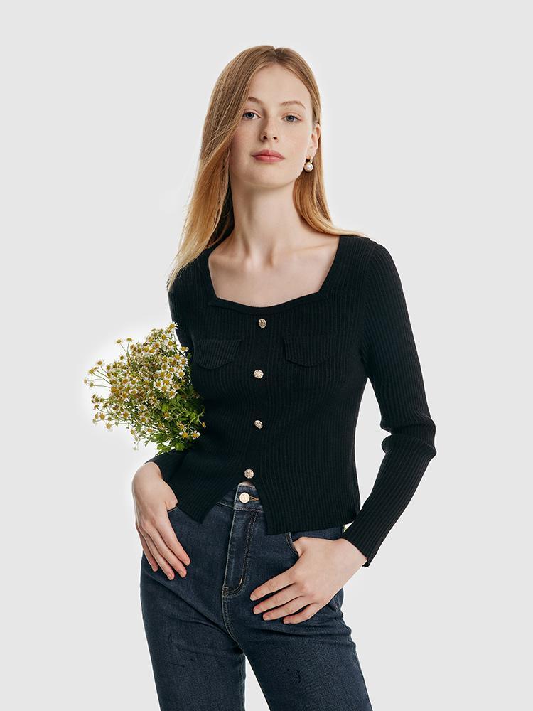 Tencel And Woolen Square Neck Knit Top