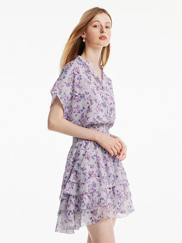 Purple Floral Gathered Waist Dress GOELIA