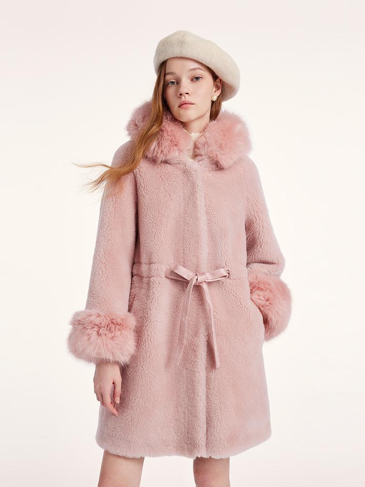 Pink Mid-Length Ruched Velour Coat With Adjustable Ties GOELIA