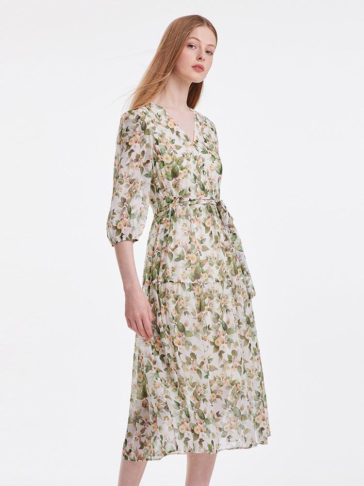 19 Momme Silk V-Neck Floral Dress GOELIA