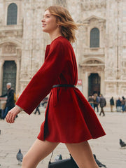 Chili Red Woolen Coat with Belt GOELIA