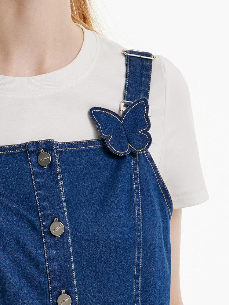 Denim Pinafore Dress With Bow Tie GOELIA