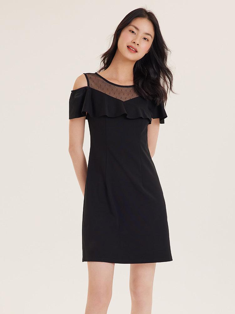 Black See-Through Off-SHoulder Falbala Dress GOELIA