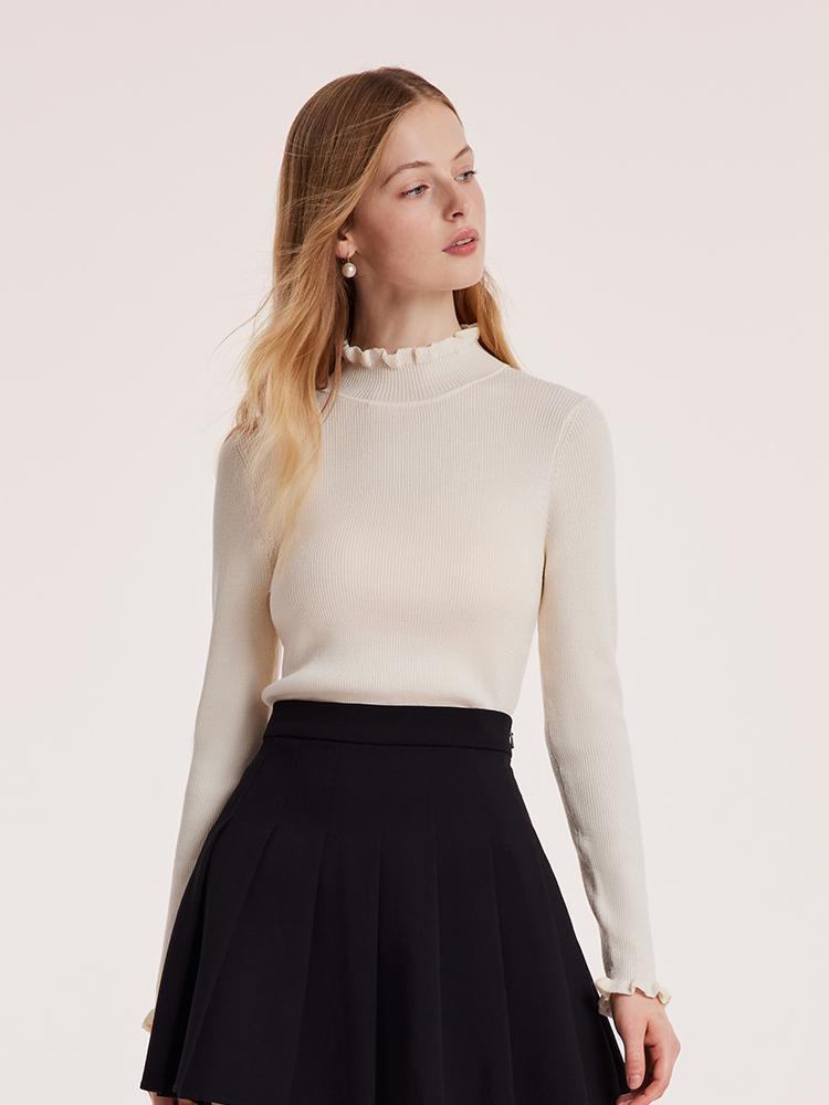 Maschinenwaschbarer Rollkragenpullover aus Wolle mit Rüschen 