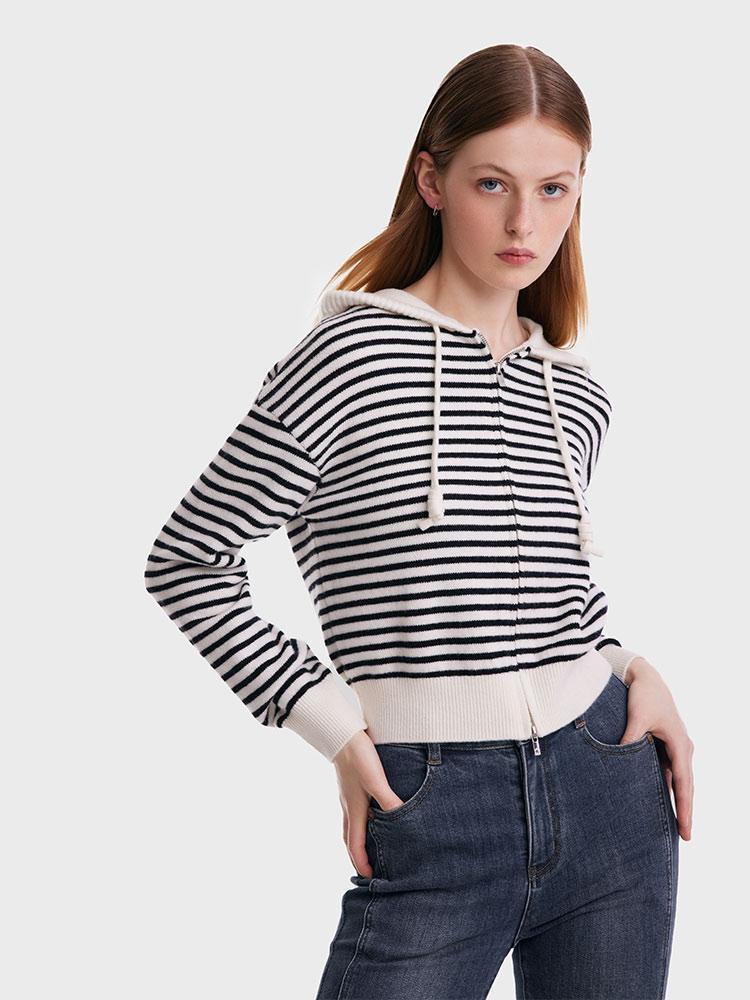 Woolen Striped Hooded Cardigan