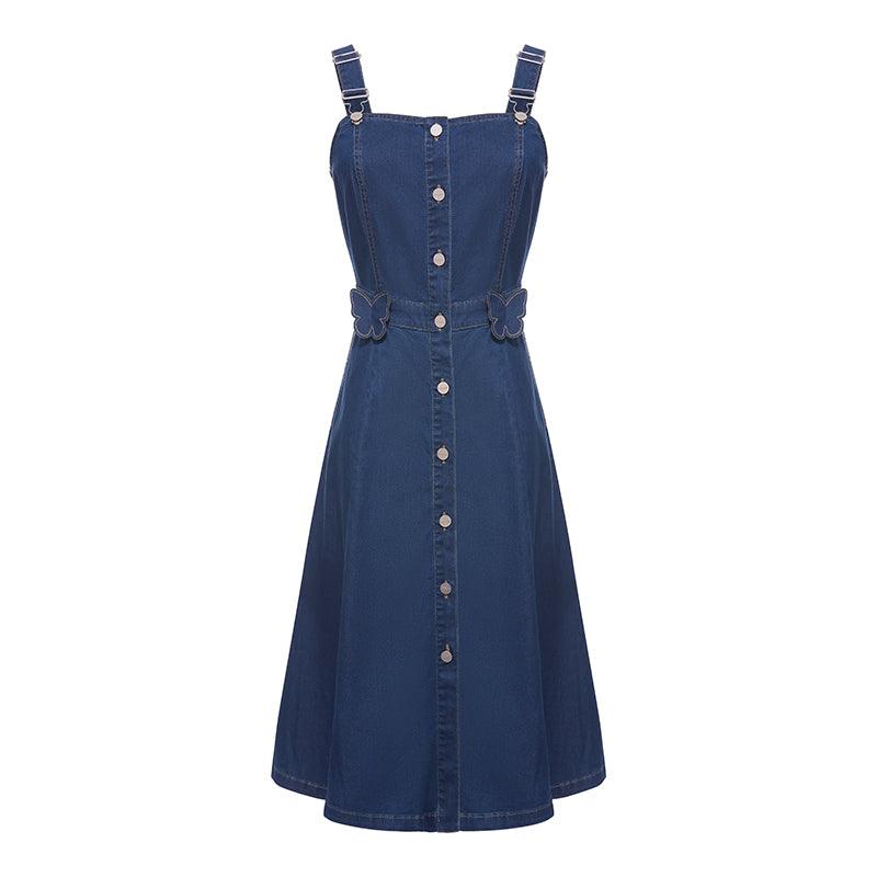 Denim Pinafore Dress With Bow Tie GOELIA