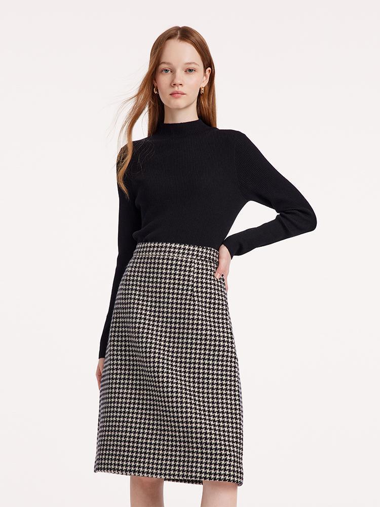 Washable Wool Houndstooth Jacket And Sweater And Skirt Suit GOELIA