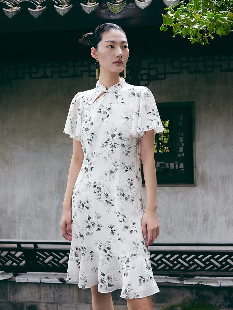 Floral Ruffle Sleeve Cheongsam Dress GOELIA