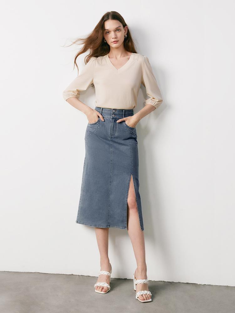 Blue High Waist Slit Denim Skirt GOELIA