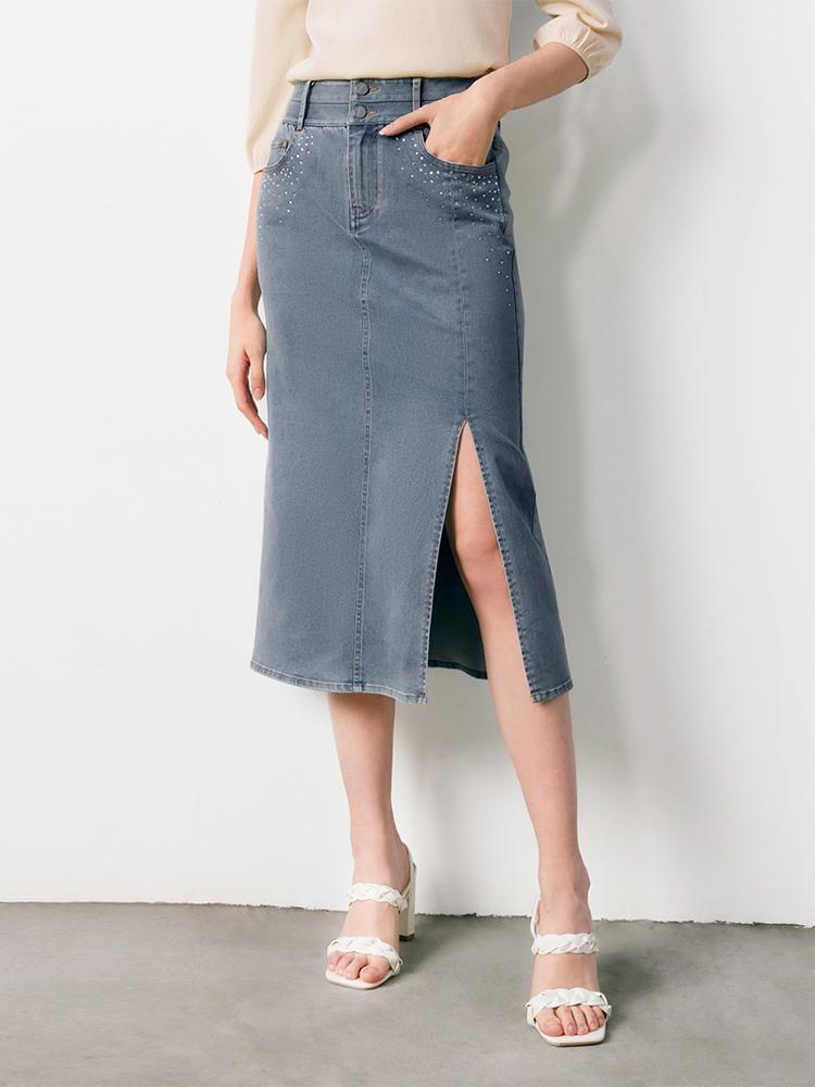 Blue High Waist Slit Denim Skirt GOELIA