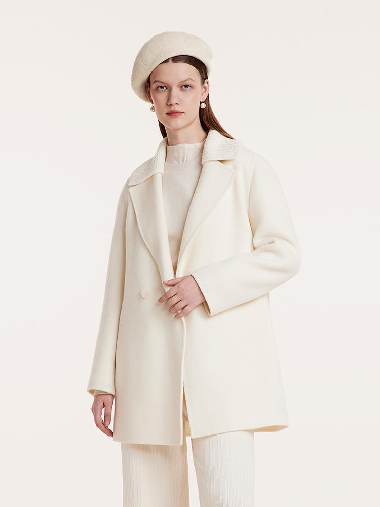 White Mid-Length Double-Faced Wool Coat With Detachable Collar GOELIA