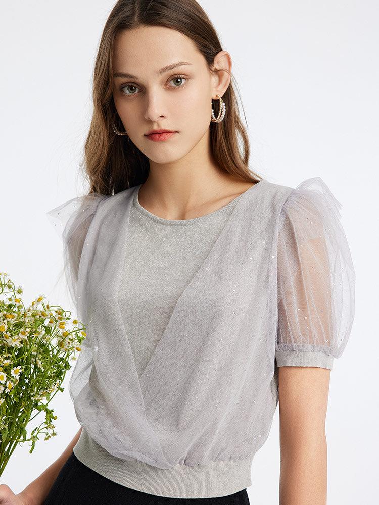 Mulberry Silk Puff Sleeve Mesh Top GOELIA