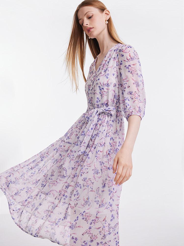 Purple Floral Belted Midi Dress GOELIA