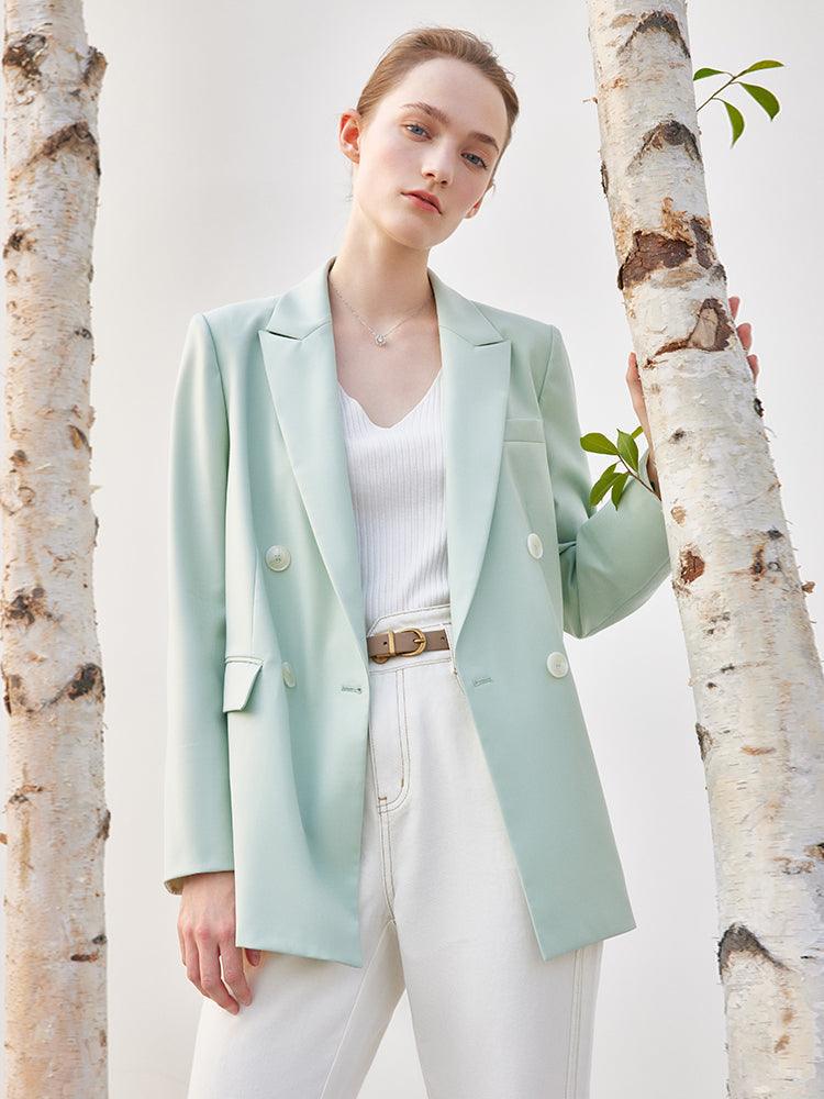 Mint Green Worsted Woolen Straight Blazer GOELIA