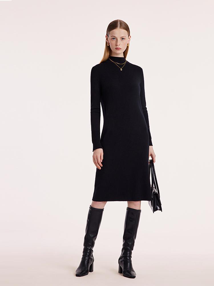 Black Pure Wool Mock Neck Knit Dress GOELIA