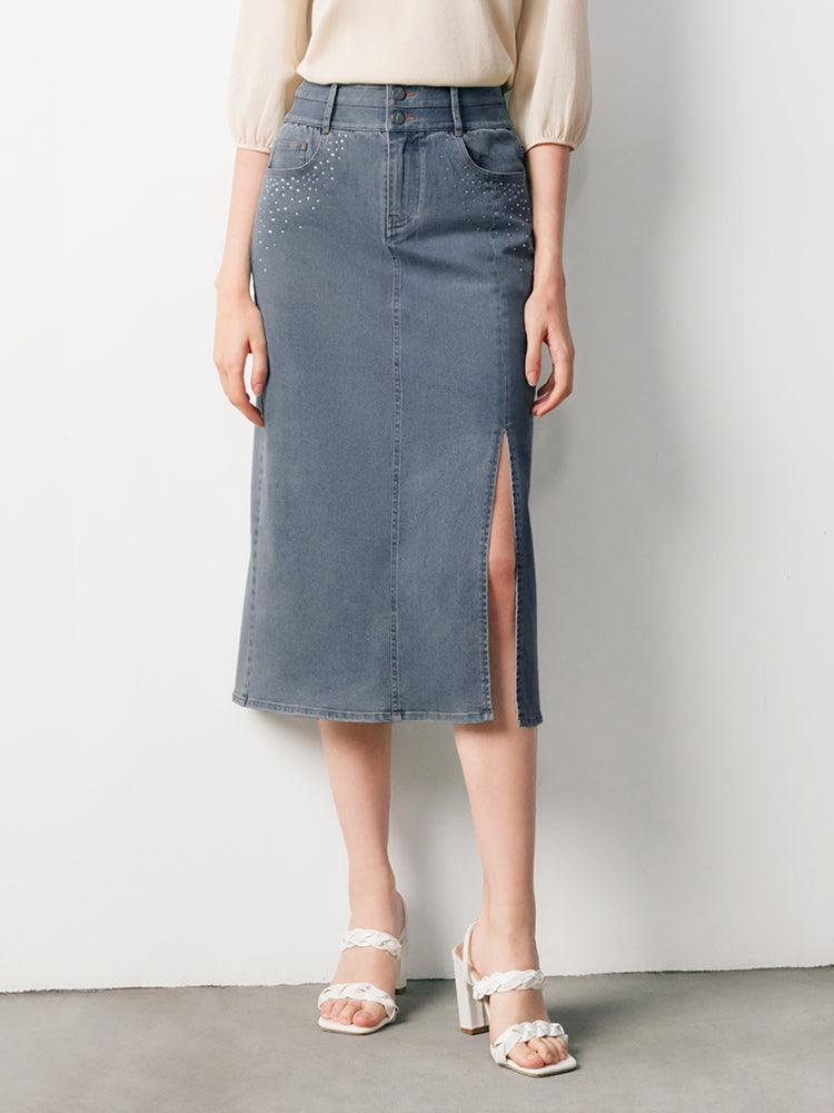 Blue High Waist Diamond Slit Jeans Skirt GOELIA