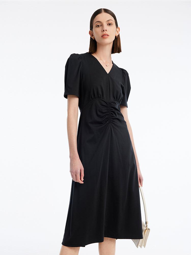 V-neck Pleated Mid-Calf Dress GOELIA